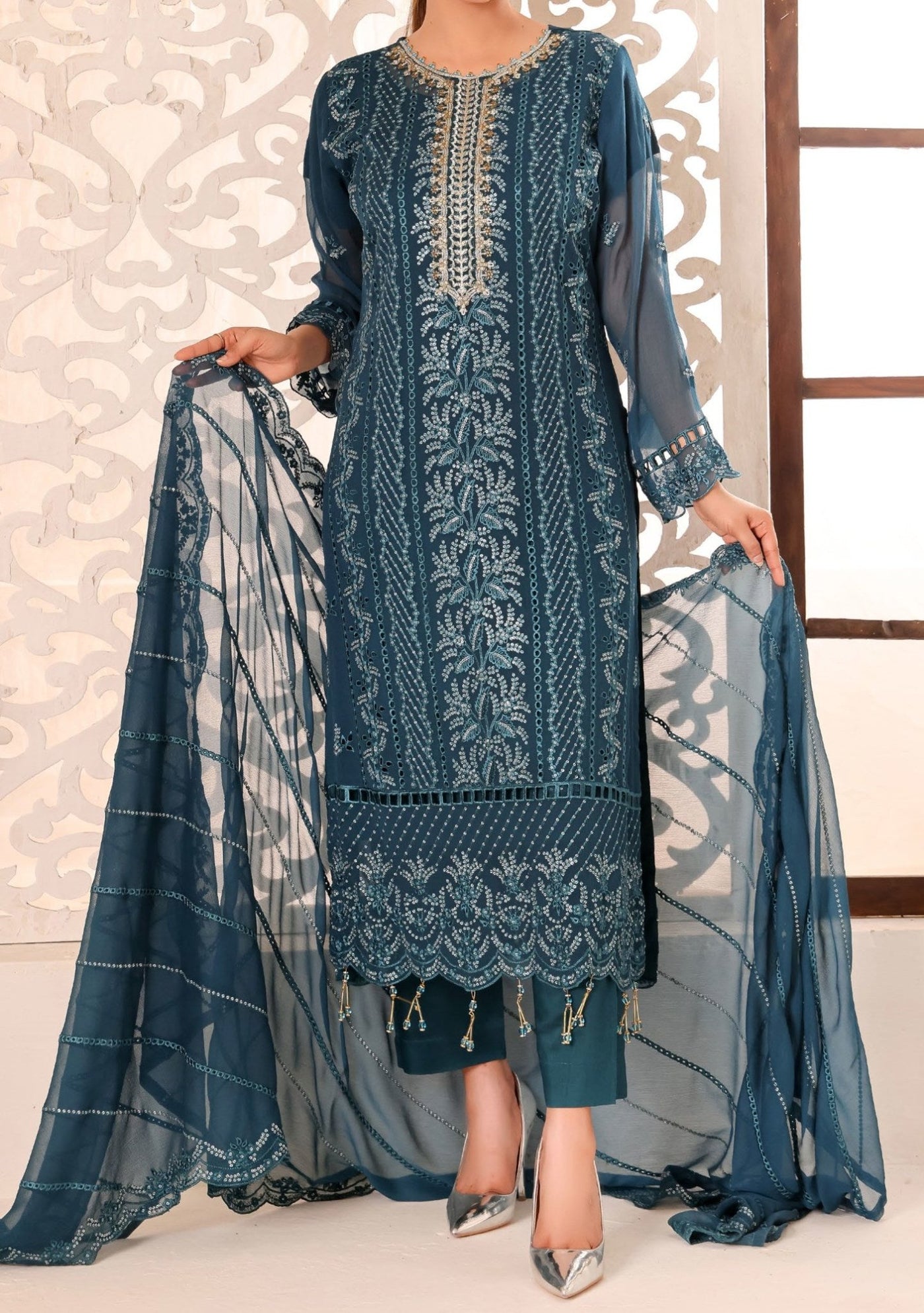 Bin Hameed Maah Rang Heavy Embroidered Chiffon Dress - db26017