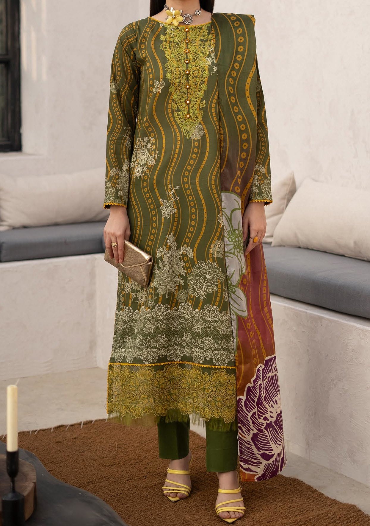 Gulljee Morja Ready Made Embroidered Printed Lawn - db26570