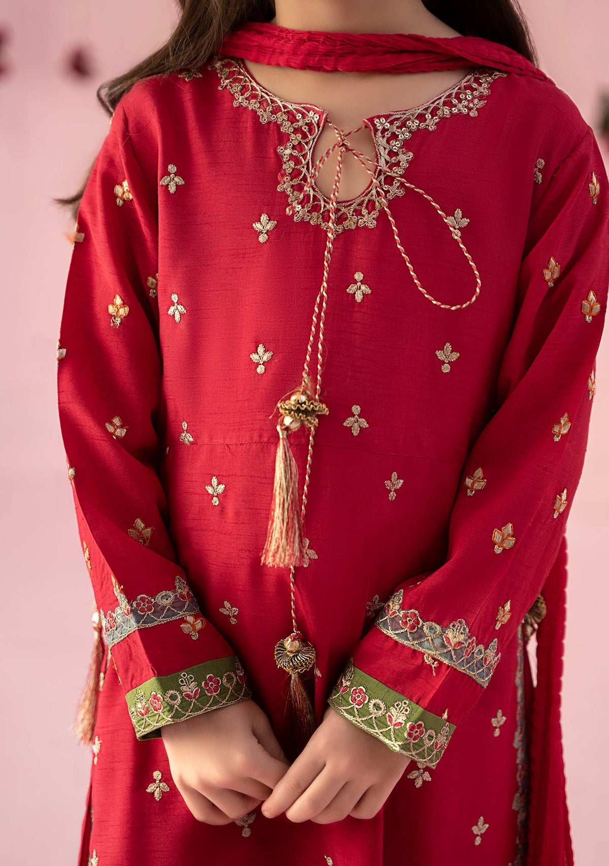 Maria.B Girl's Embroidered Raw Silk Palazzo Suit - db25948