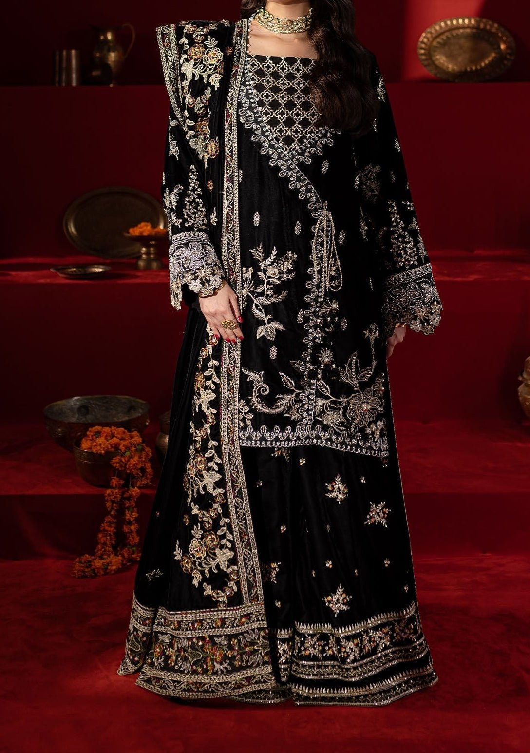 Nureh Embroidered Pakistani Luxury Velvet Dress - db27474