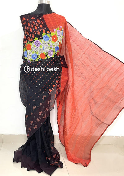 Boutique Designer Embroidered Dhakai Jamdani Saree: Deshi Besh.