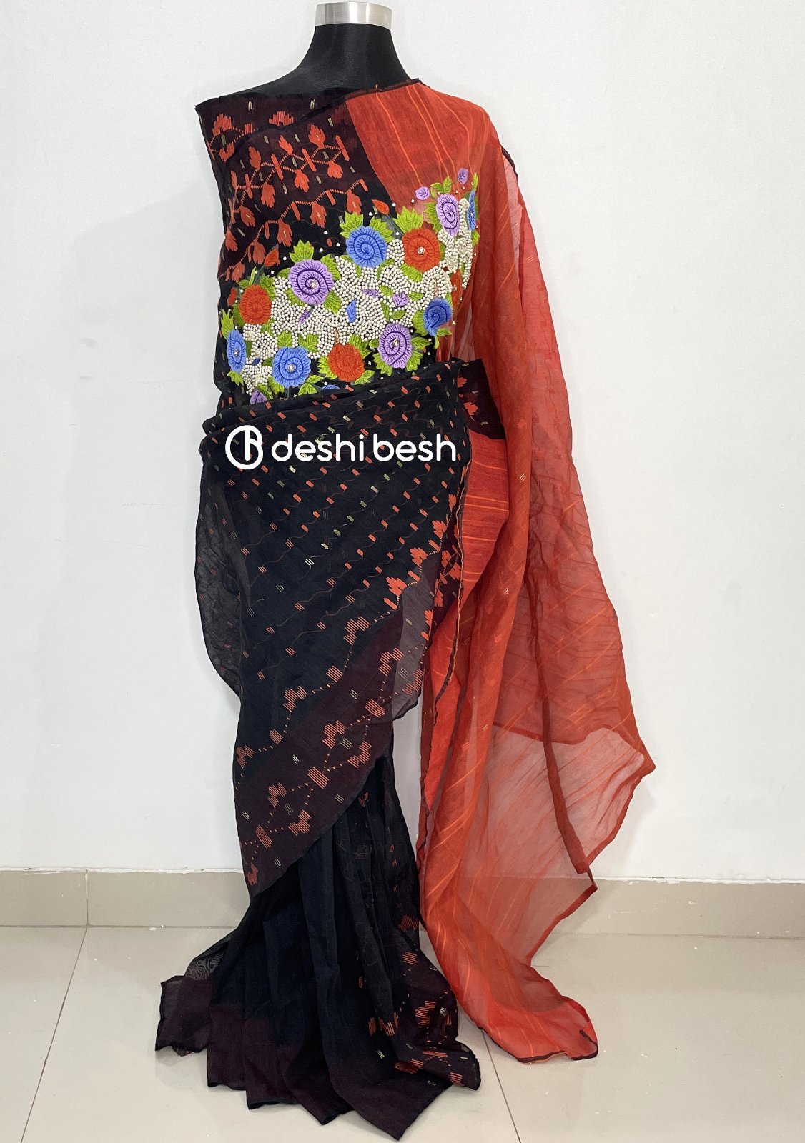 Boutique Designer Embroidered Dhakai Jamdani Saree: Deshi Besh.