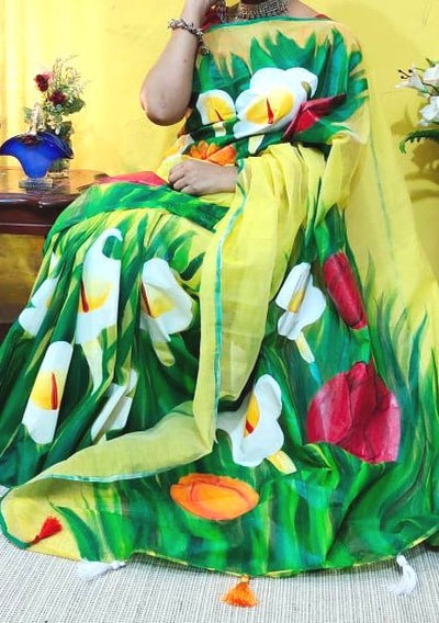 Boutique Designer Hand Painted Muslin Saree - db18931