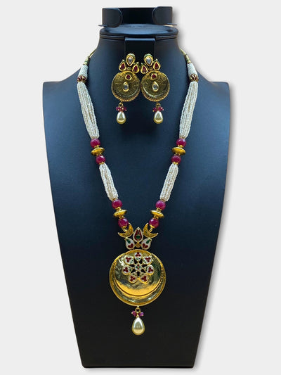 Gold Plated Pearl Stone Work Necklace Set - dba014