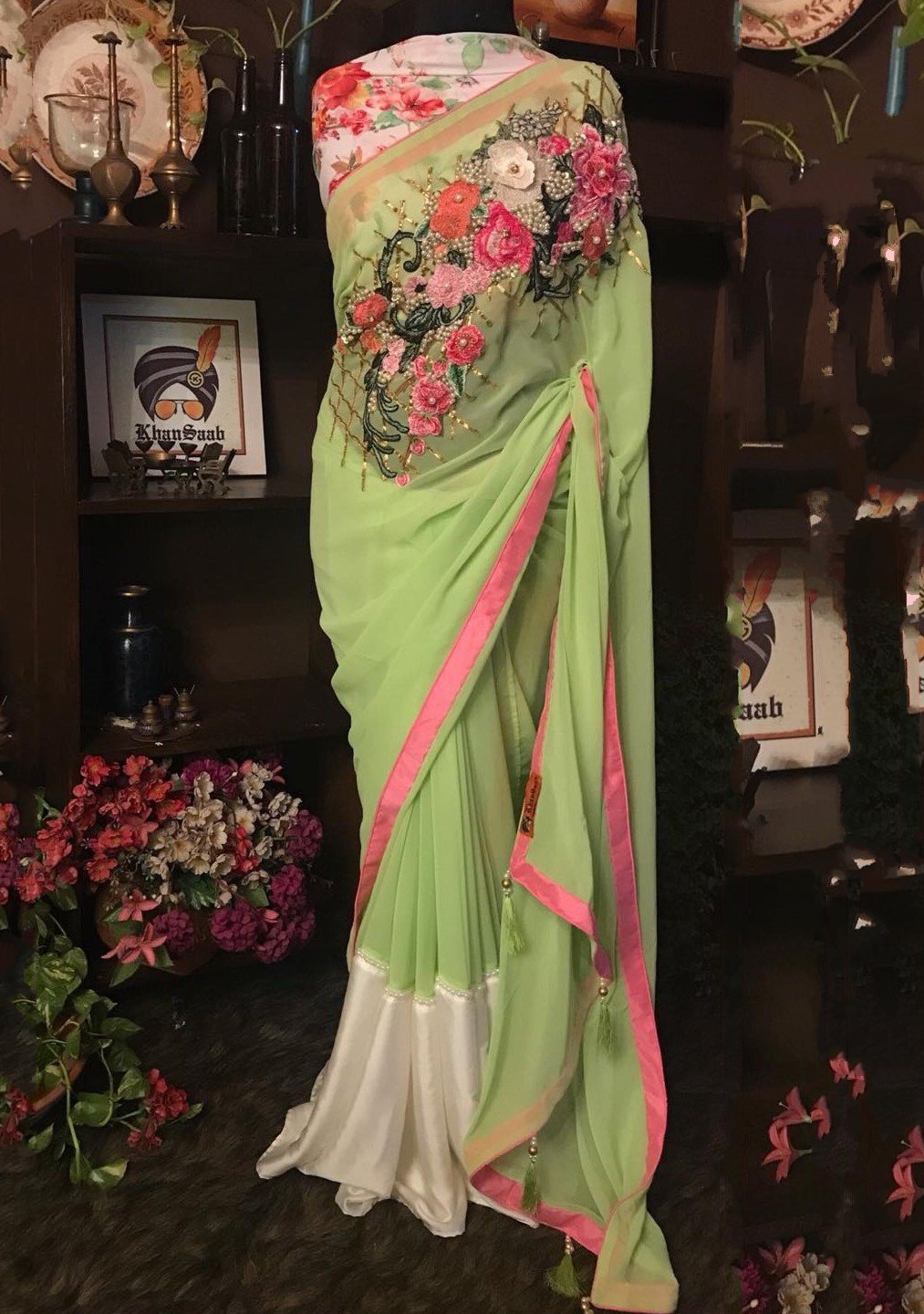 Khan Saab Boutique Designer Georgette Carnation Saree: Deshi Besh.