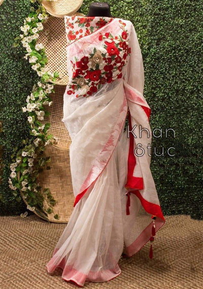 Khan Saab Designer Dhakai Jamdani Carnation Saree: Deshi Besh.