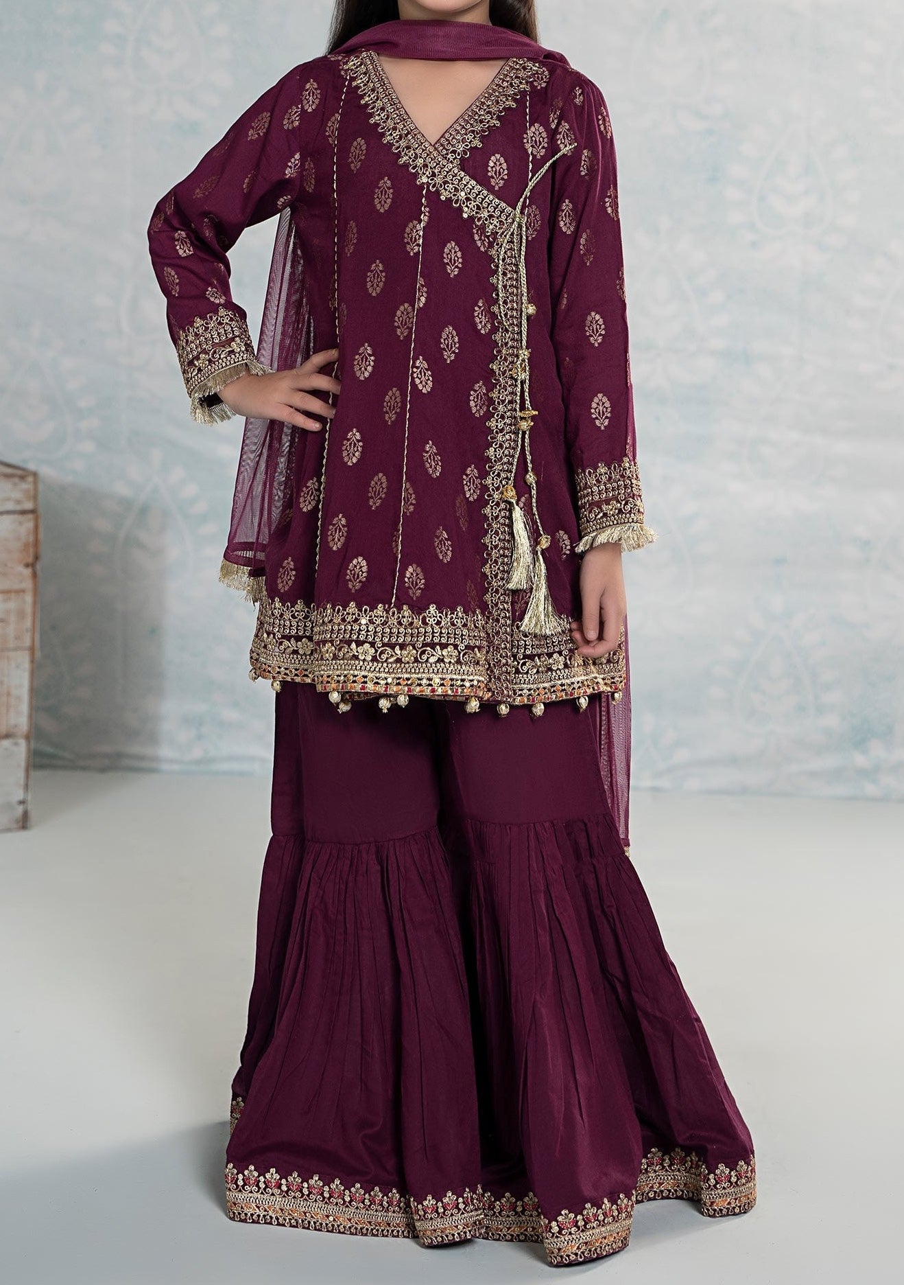 Maria.B Girl's Embroidered Jacquard Cambric Sharara Suit - db25208