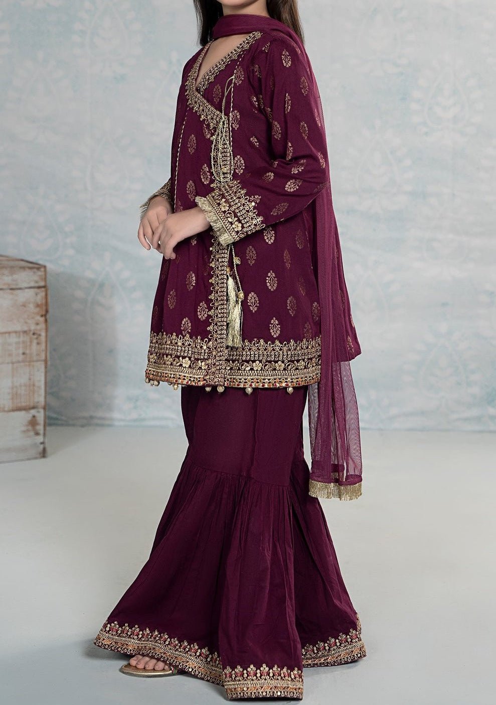 Maria.B Girl's Embroidered Jacquard Cambric Sharara Suit - db25208